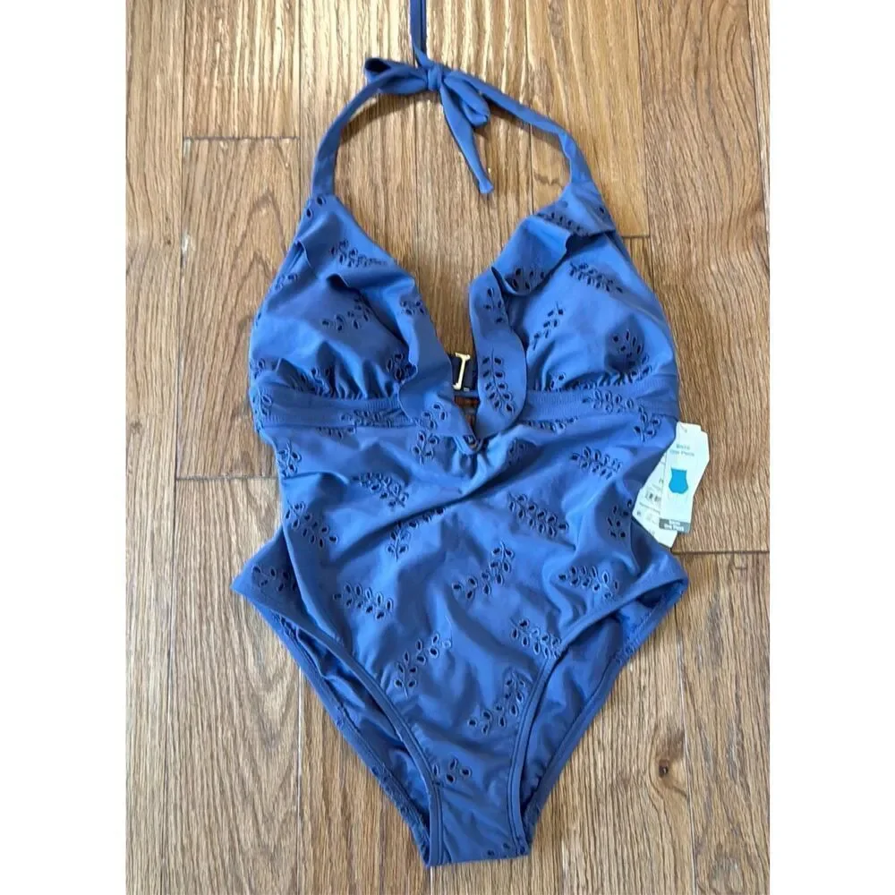Time and Tru NWT navy eyelet halter one piece swimsuit small